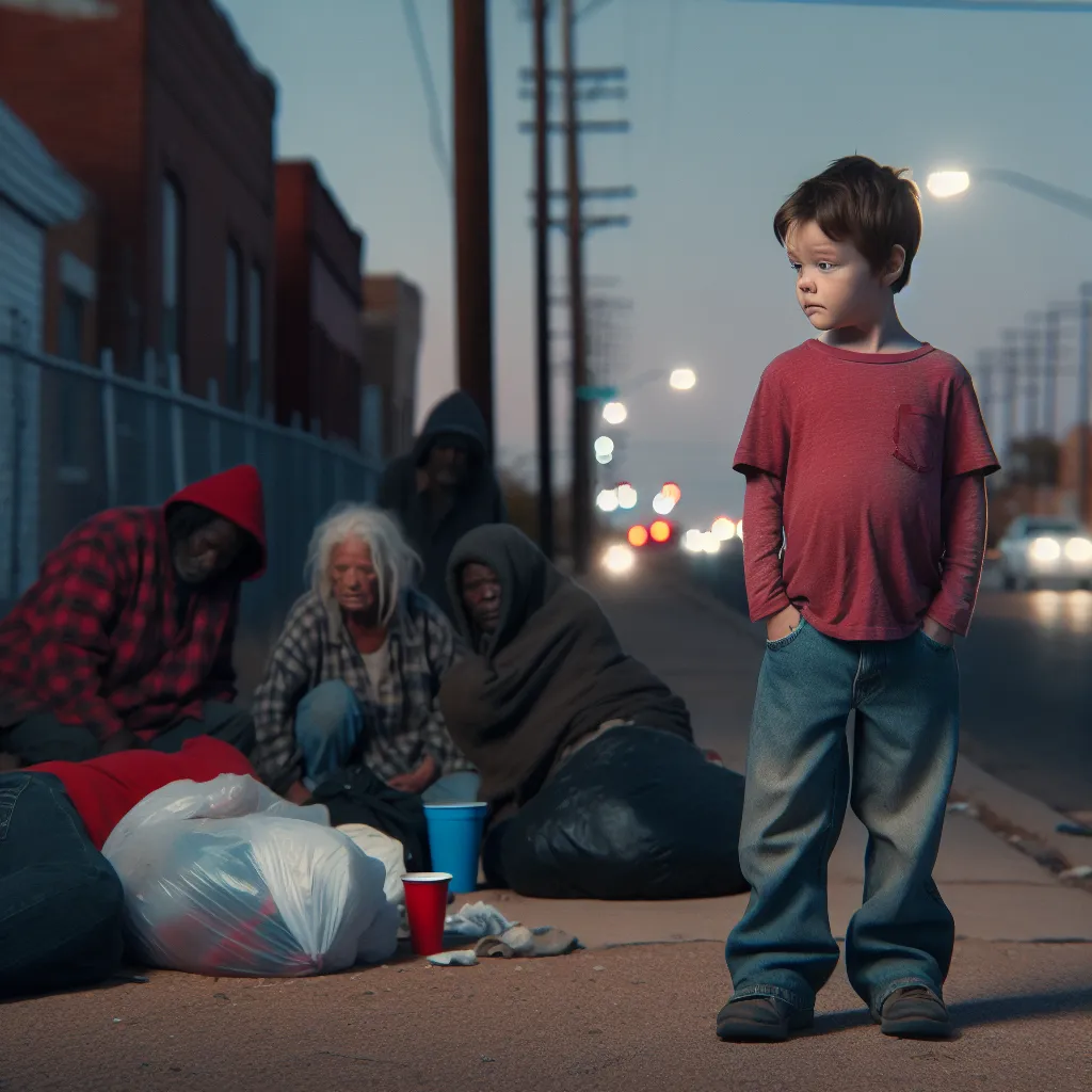 An image of a young boy, dressed in jeans and a red T-shirt, standing on a lonely street in Oklahoma at dusk. He looks bewildered as he encounters a group of homeless women huddled together, their tattered clothes and worn-out belongings contrasting with his innocent appearance.