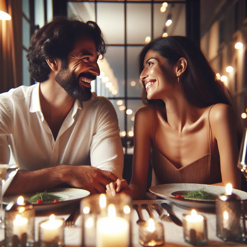 A mother and her husband enjoy a romantic dinner at a fancy restaurant. They share smiles, laughter, and heartfelt conversation, appreciating their deep connection. The image could depict a couple sitting at a beautifully set table in a candlelit restaurant, engaged in conversation and enjoying each other's company.