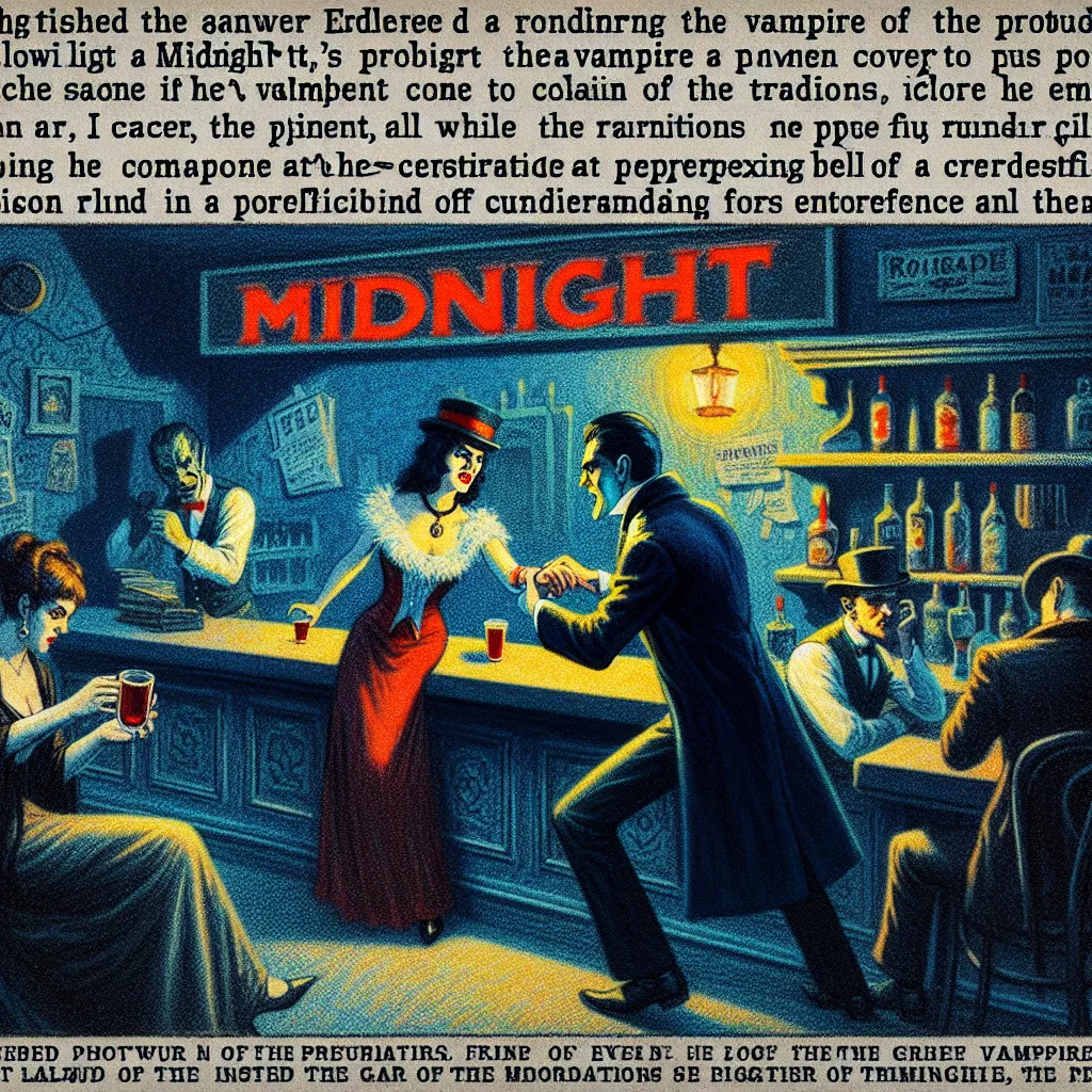 A mysterious scene unfolds in a dimly lit bar called Midnight, where the owner, Evelyn, encounters a vampire who has come to collect a debt owed. As she offers her wrist for the ritualistic exchange, a complex mix of emotions and understanding unfolds between them. The image will capture the tension and connection between Evelyn and the vampire, set against the backdrop of the alluring and secretive atmosphere of Midnight.