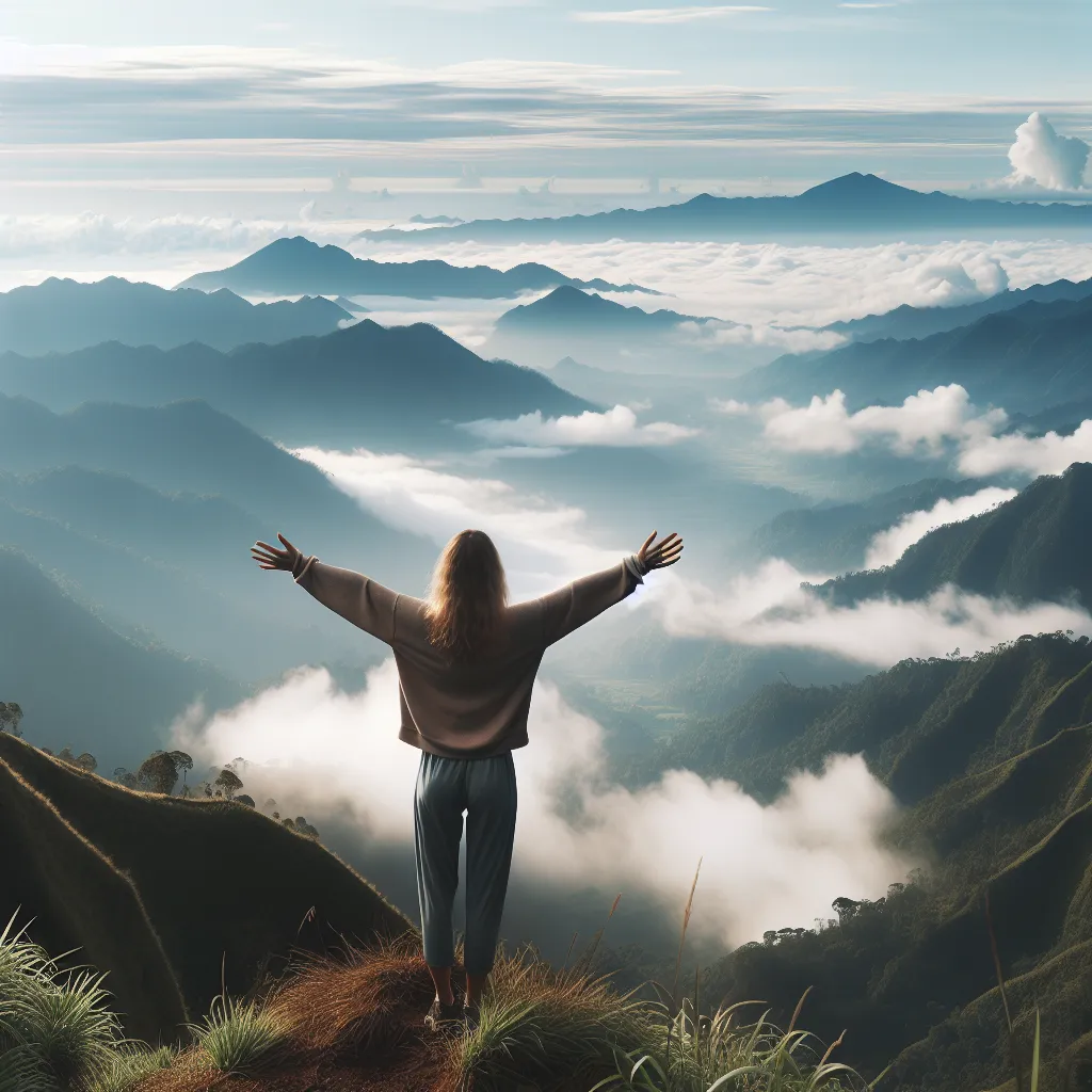 No problem! Here's a concise description for the image:

"A woman standing on a mountaintop, arms outstretched, embracing the breathtaking view of a lush valley below, with misty clouds floating in the distance."