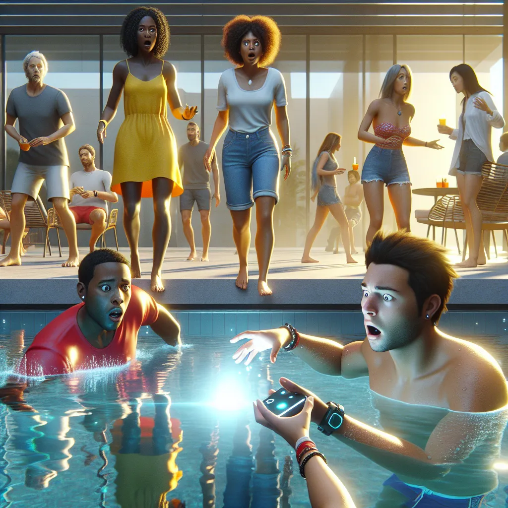 A thrilling scene unfolds at a pool as a mysterious reality remote device causes bodies to swap identities, leaving one character in shock while others remain unaware of the change.