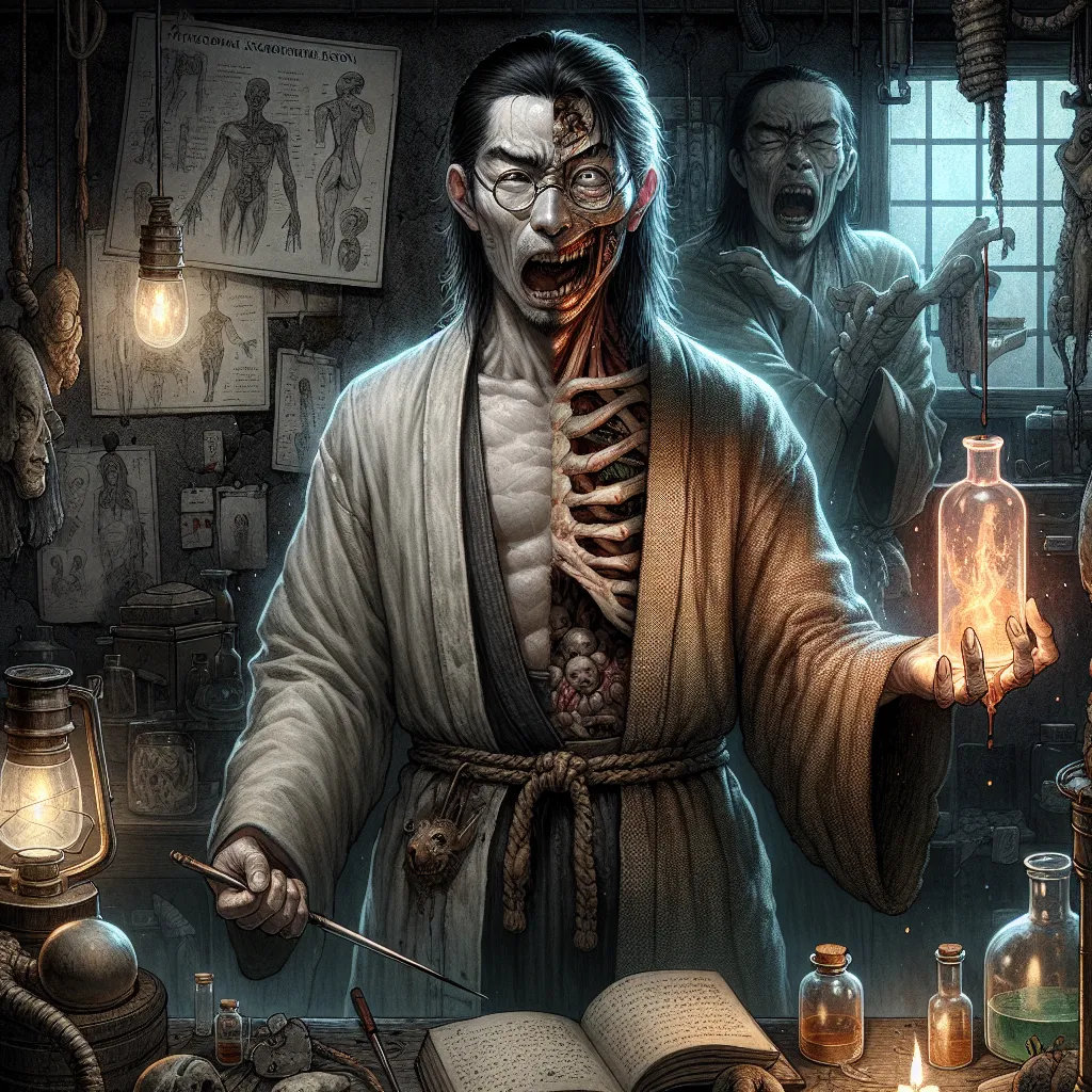 An illustration capturing the haunting transformation of a scientist who swaps bodies with a gifted healer named Miyafuji Yoshika, facing struggles and identity crises as she navigates a new life in another skin within a horror narrative titled "Skinwalker's Descent."