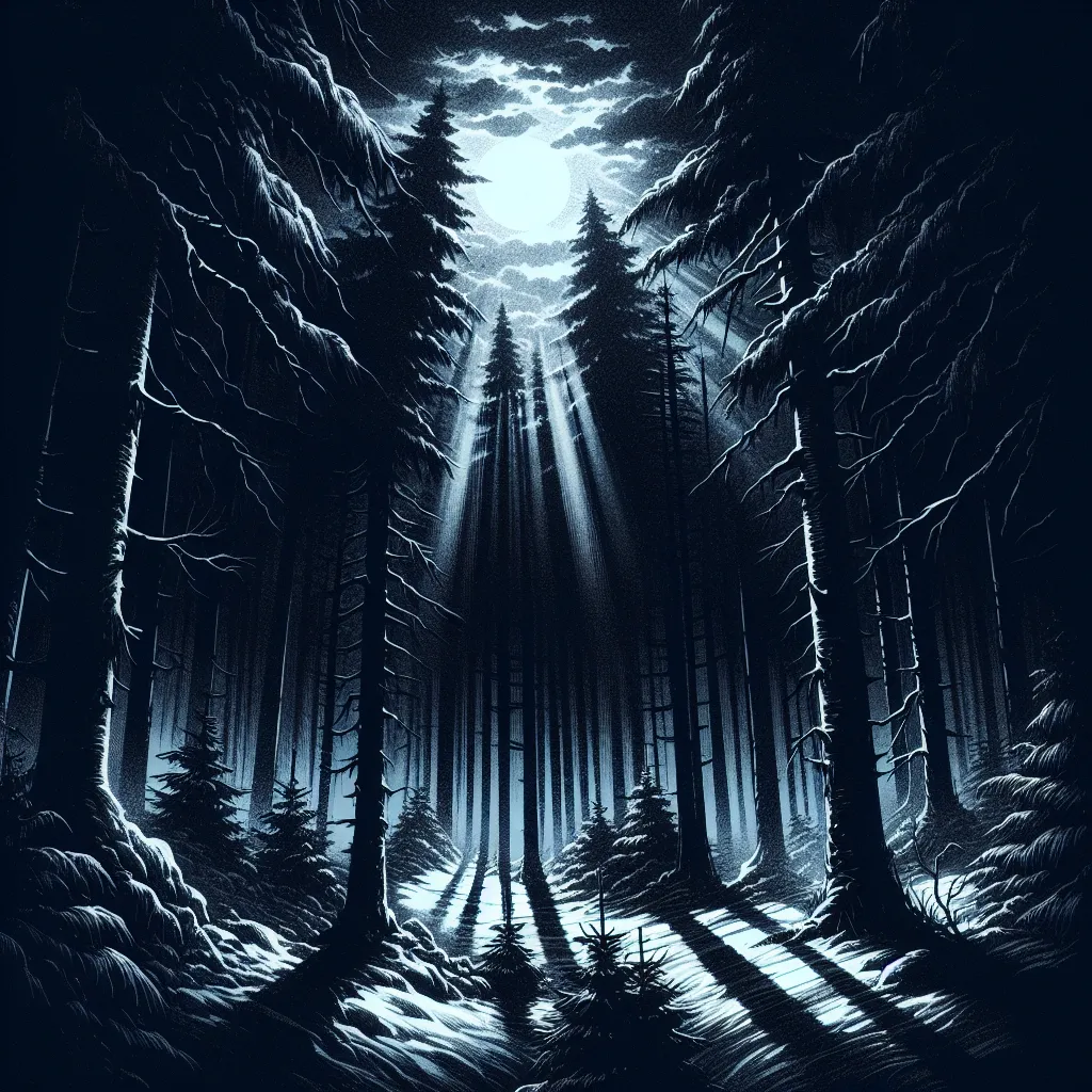 Description: A chilling image depicting a dark forest at night, with illuminated snow-covered trees casting long, haunting shadows. The moonlight pierces through the dense branches, creating an eerie atmosphere that sets the tone for a thrilling and mysterious story.