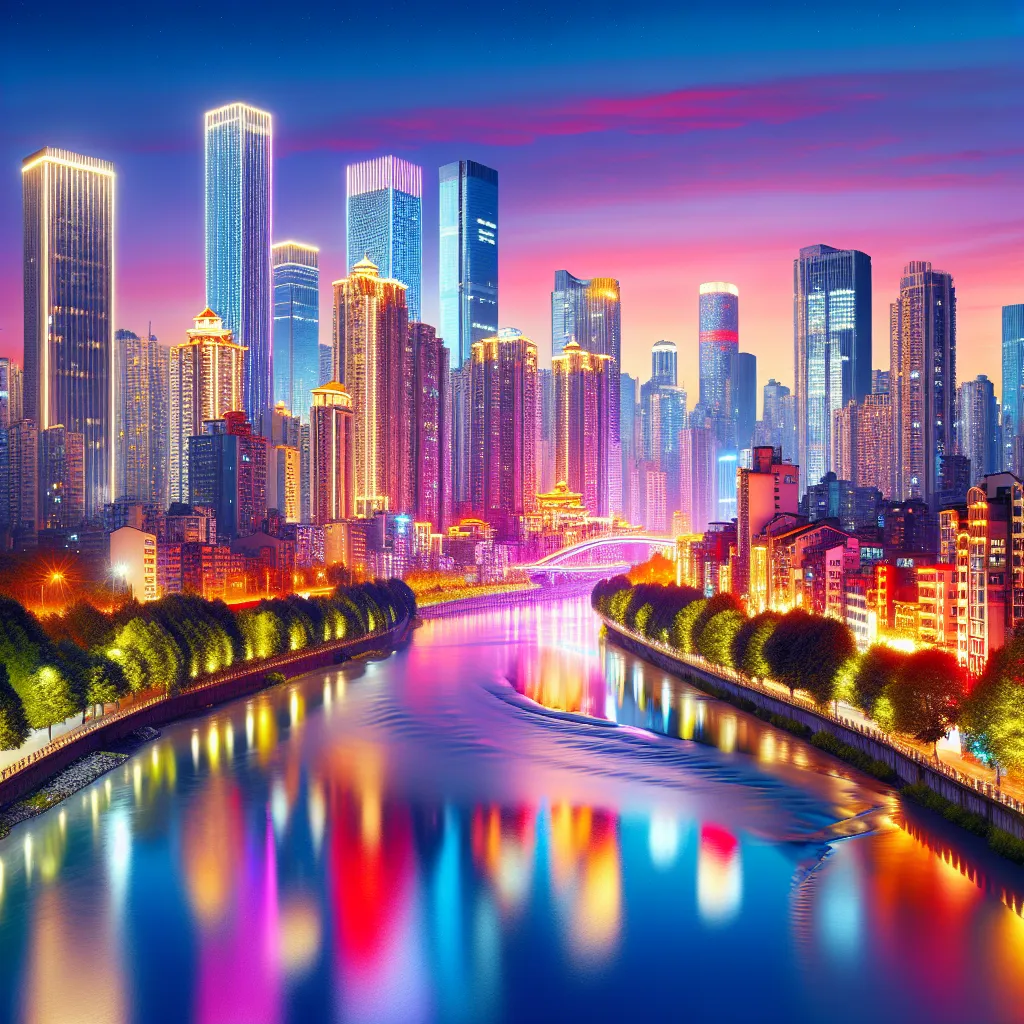 A colorful and vibrant cityscape at dusk, with tall buildings lit up by a myriad of lights, reflecting on a calm river flowing through the city.