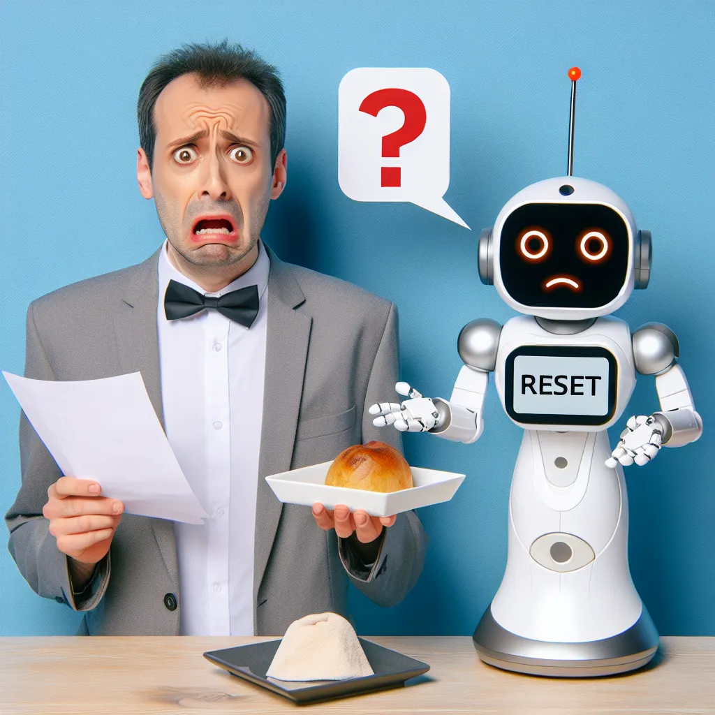 Description: A comical depiction of a frustrated person holding a paper with a request, while a robotic assistant stands beside them with a puzzled expression, indicating their inability to proceed with fulfilling the request.