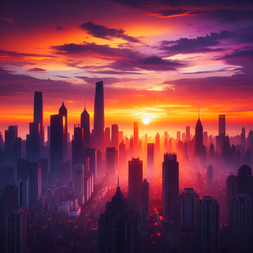 "An awe-inspiring cityscape at sunset, with towering skyscrapers silhouetted against a vivid orange and purple sky."