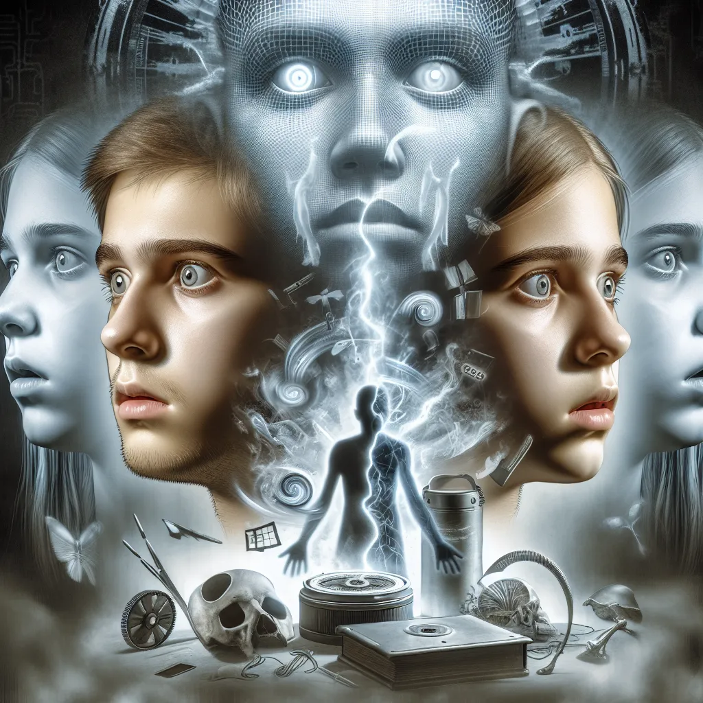 As the text describes a horror story about a body swap between siblings, a suitable image could depict two individuals facing each other, their expressions reflecting shock, fear, or confusion. The image may also incorporate elements that represent the supernatural or futuristic aspect of the story, such as glowing eyes or a distorted mirror. The overall tone should convey a sense of unease and apprehension.