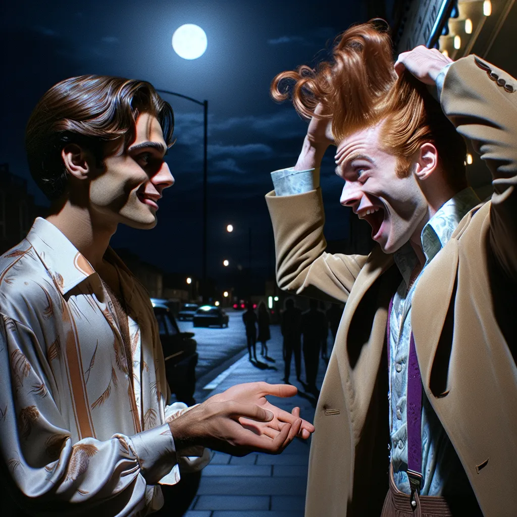 Description: The image depicts two young men, David and Chad, standing outside a cinema at night. The moonlight casts gentle shadows on their faces as David reaches for Lilly's hand, expressing warmth and affection. Chad, who is currently inhabiting Lilly's body, looks excited and amused, running his fingers through his long red hair and flipping it back. The image captures the contrast between David's nervous chuckle and Chad's boisterous Italian mobster persona.