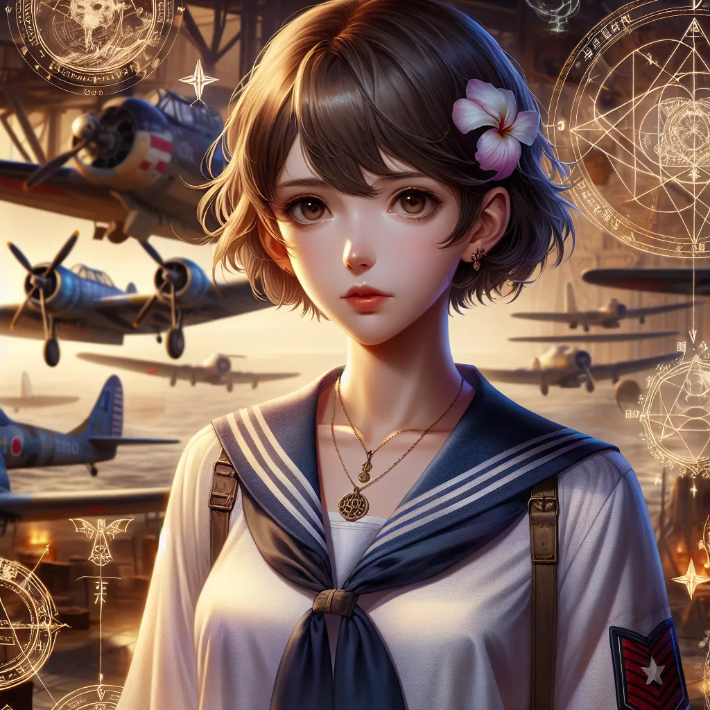 Portrait of a young, determined woman with short brown hair and gentle brown eyes, dressed in a blue Japanese-style sailor uniform and swimsuit; her posture slightly hesitant with subtle natural curves reflecting recent physical change, standing amid a backdrop blending military aircraft and magical symbols. The scene conveys a complex mix of identity struggle, gender dysphoria, and quiet resilience within a mystical wartime setting.