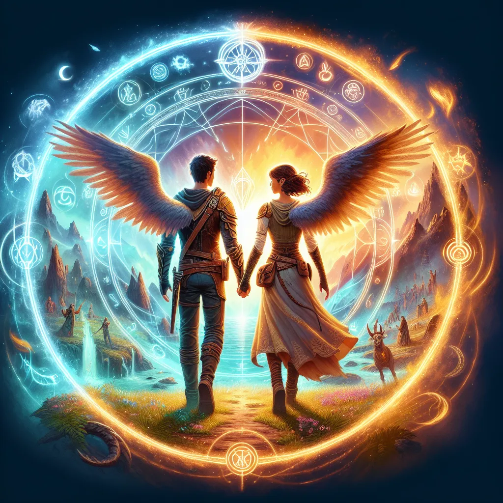 The image accompanying this story could be a dynamic illustration of Angel and Gwen standing side by side, hand in hand, with a glowing, magical ritual circle surrounding them. The background could feature elements from the different locations they visited in their quest, such as the Etherian Caverns, the Fabled Spring, and a hilltop illuminated by the first moonlight. The image should capture a sense of unity, power, and the bond that Angel and Gwen have forged.
