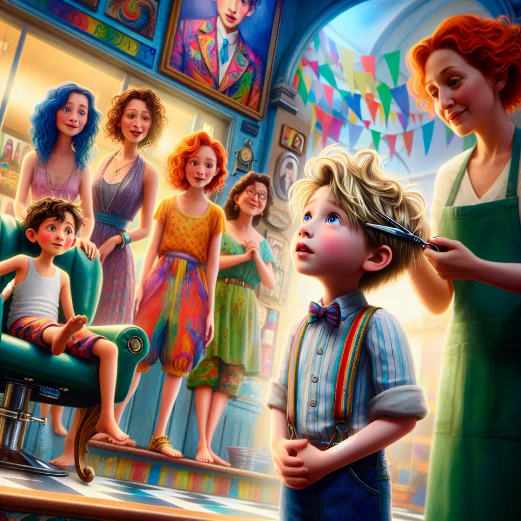 A young boy named Timmy, full of energy and curiosity, embarks on a new adventure at a colorful hair salon. The scene captures Timmy's transformation into Mrs. Kim, with the unique personalities and styles of the five Korean women in the salon shaping his new reality. The story unfolds with whimsical twists and cultural nuances as Timmy, now Mrs. Kim, embraces her role and forms new connections in this vibrant setting.