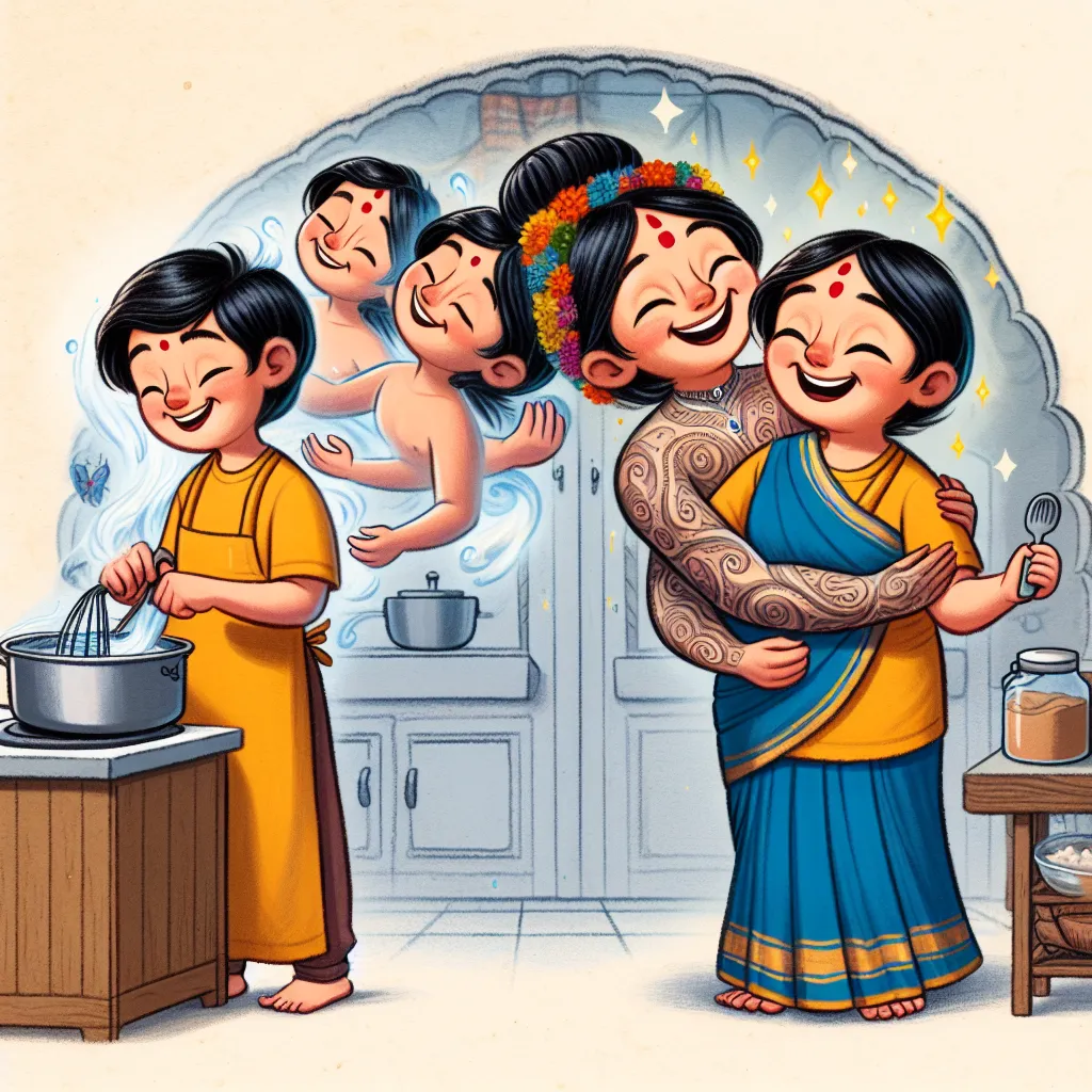 A detailed, heartwarming story about a boy named Ethan who undergoes a magical transformation into a cheerful, confident Mexican mother figure named Yolanda, embracing her new identity with love and joy in her bustling kitchen.