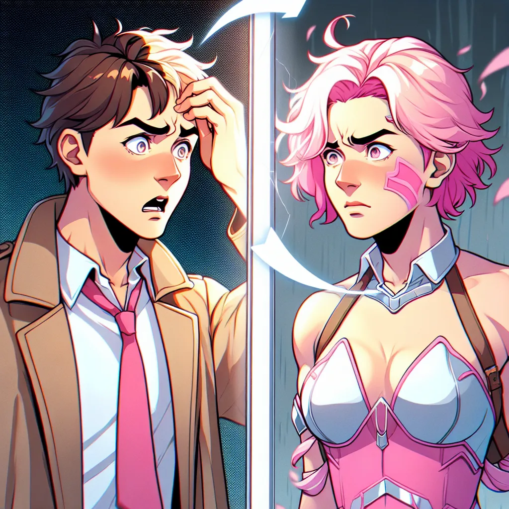 Description: The image will depict a split-screen depiction of two individuals, one male and one female, who have switched bodies. The male is shown with a shocked expression as he sees his reflection in the mirror, now transformed into the female character with bubblegum pink hair. The female character appears determined, staring at the male's reflection, as they both contemplate their new lives and the challenges that lie ahead.