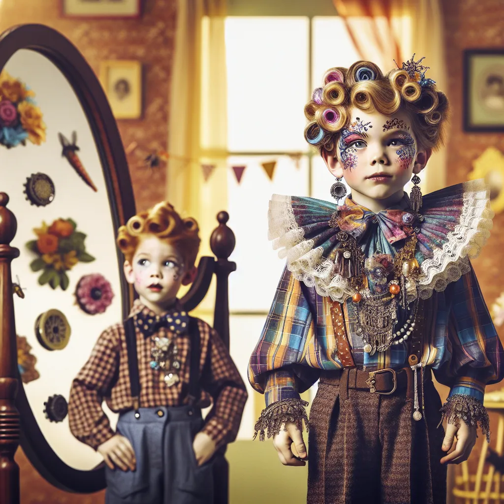 An image of a young boy, dressed in his mother's makeup and jewelry, standing in her high heels and staring wide-eyed into a mirror, seeing his sister's reflection looking back at him with confusion and wonder.