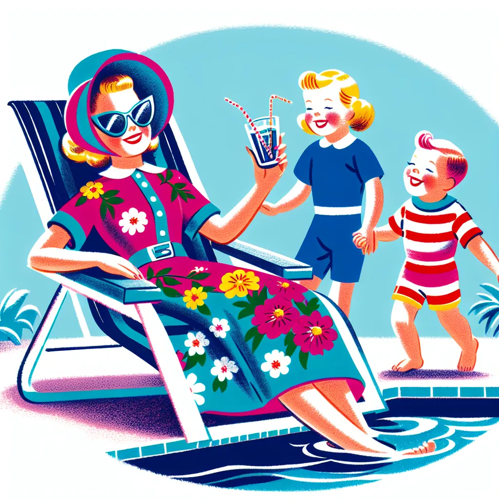The image accompanying this story is of Tommy and Lisa playing together in a pool, with Tommy's Aunt Claire looking on from a reclining chair, wearing a turquoise bikini and oversized sunglasses.