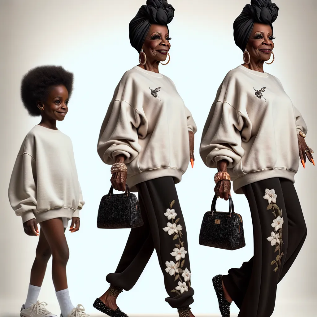The generated image accompanies a story about a little boy named Charlie who undergoes a magical transformation into Ms. Robinson, a confident and assertive older woman. The image depicts Ms. Robinson, a black woman in her 60s, stylishly dressed in an oversized sweatshirt with white floral details, embroidered sweatpants, and black sparkly flip-flops. She wears her hair in a neat turban and has bright orange nails. With a self-assured and determined expression, she carries a purse over her shoul
