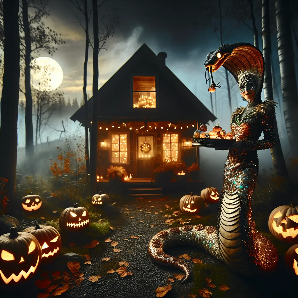 A mysterious Halloween night at a cabin in the woods, where a guest arrives dressed as a glittering serpent with treats and a clever trick up her sleeve.