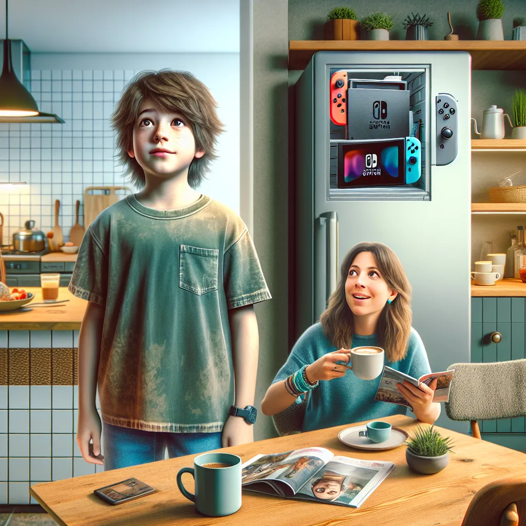 An image of a 10-year-old boy with messy brown hair, wearing a faded green t-shirt and blue jeans, looking up at a high shelf with a Nintendo Switch out of reach. He appears frustrated as his mother, a woman with hazel eyes and a turquoise bracelet, sits at a nearby kitchen counter, sipping coffee and reading a magazine. The boy's reflection in a mirror shows the woman's features, capturing the moment of a mysterious body swap between the two figures.