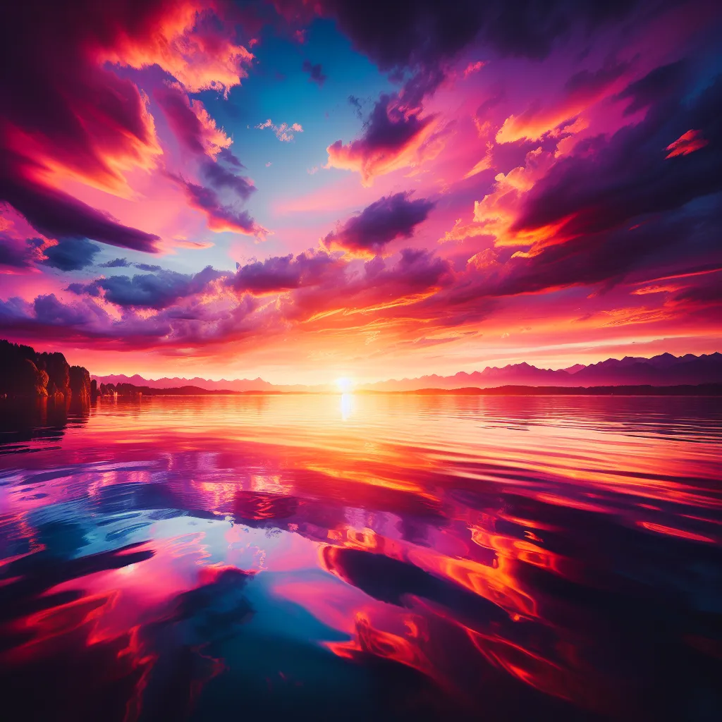 A beautiful sunset over a serene lake, with vibrant orange and pink hues reflecting off the water.