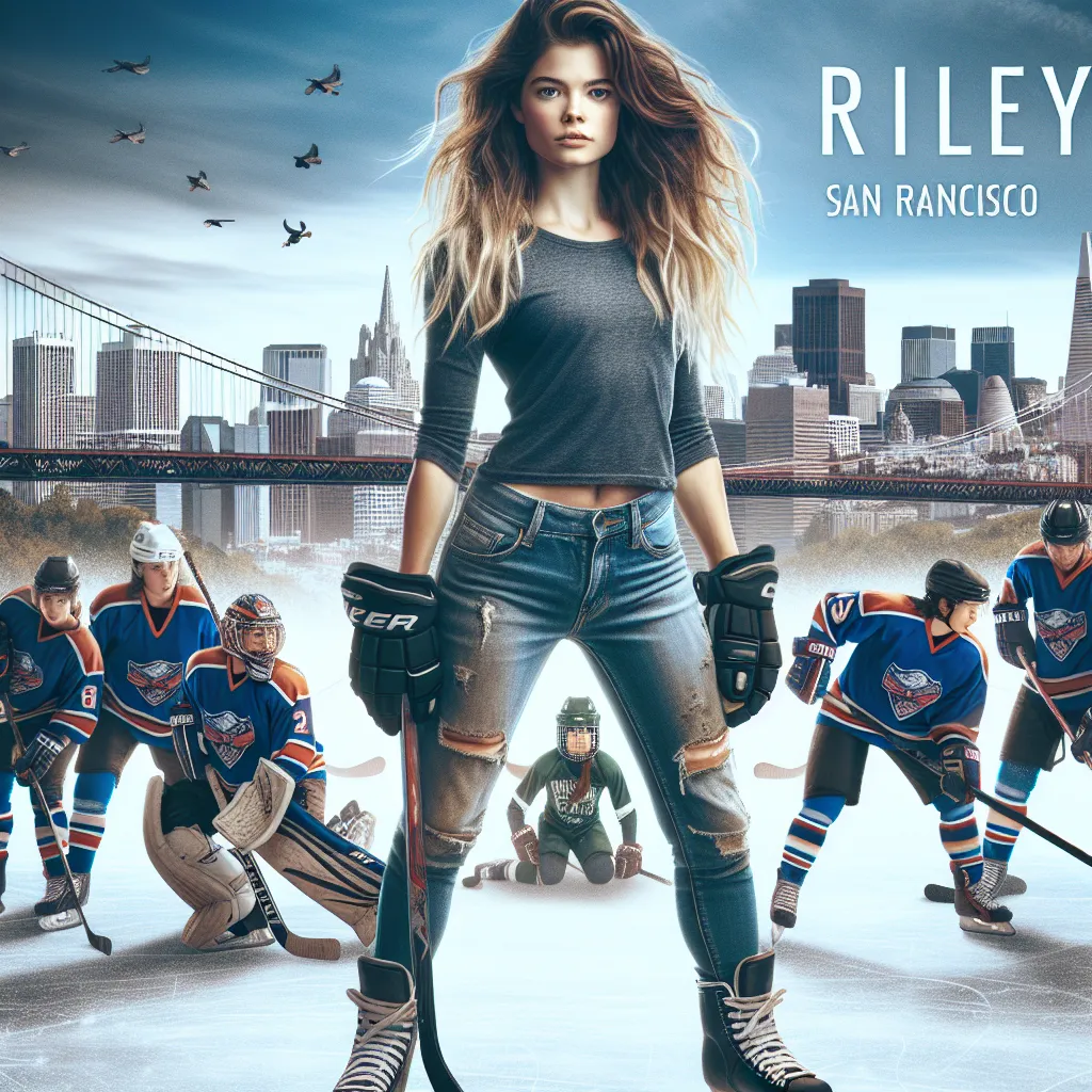 The image accompanying this story could be a depiction of Riley, the main character, standing on an ice rink surrounded by her teammates, each wearing their hockey gear. Riley, with her long, dirty-blonde hair and athletic build, is portrayed confidently holding a hockey stick, showcasing her determination. The backdrop could feature the recognizable San Francisco skyline, representing the new city she must adapt to while highlighting the contrast between her hockey prowess and the unfamiliar su