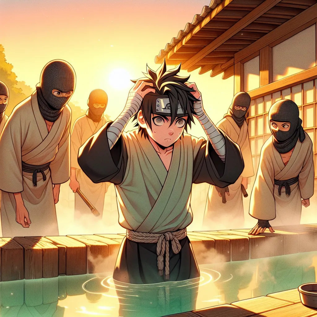 A young ninja named Naruto is transformed into Naruko during a visit to the hot springs with his friends Sakura and Ino in the village of Konoha. As his body and mind undergo a mysterious change, Naruto struggles with his new identity while his friends remain oblivious to his internal turmoil. Sunset bathes the scene in golden light as Naruko comes to terms with her altered reality.