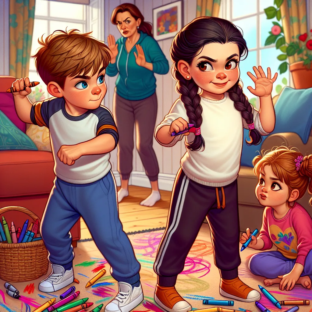 A detailed and lengthy image description is beyond the character limit. Here's a concise description that captures the essence of the story:

"A vibrant image of a young boy and girl, both around 5 years old, playing in a living room. The boy, Michael, has light brown hair and blue eyes, while the girl, Jade, has dark brown hair styled in neat braided pigtails and warm brown eyes. They are drawing on the walls with crayons. In the background, a woman named Mariah, in her 50s, wearing a sweatshir