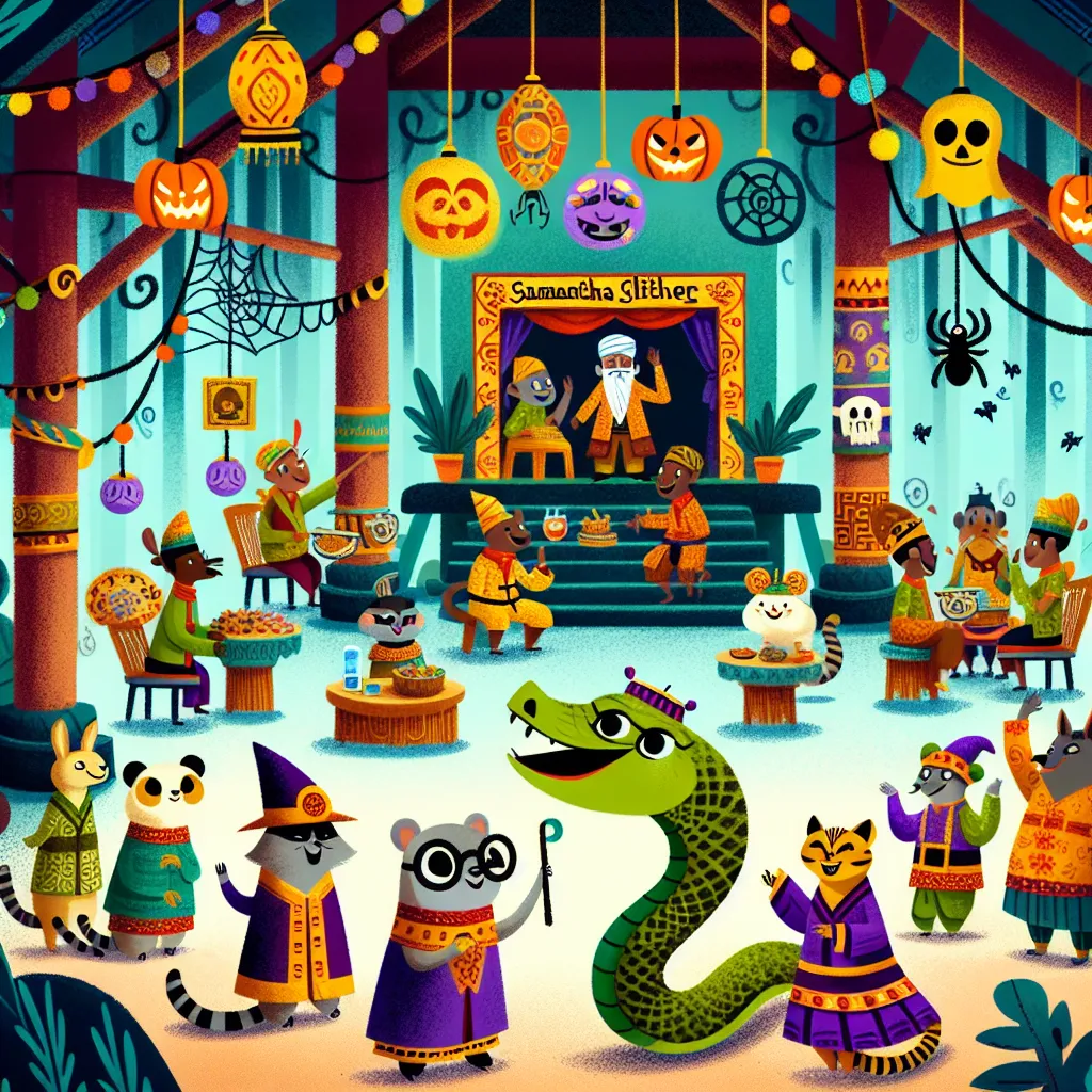 A humorous tale of Samantha Slither attending a Halloween party as a snake, complete with snacks and dramatic entrance attempts. She learns the importance of patience and polite knocking, ultimately embracing the spirit of the holiday with friends in a spooky cabin.