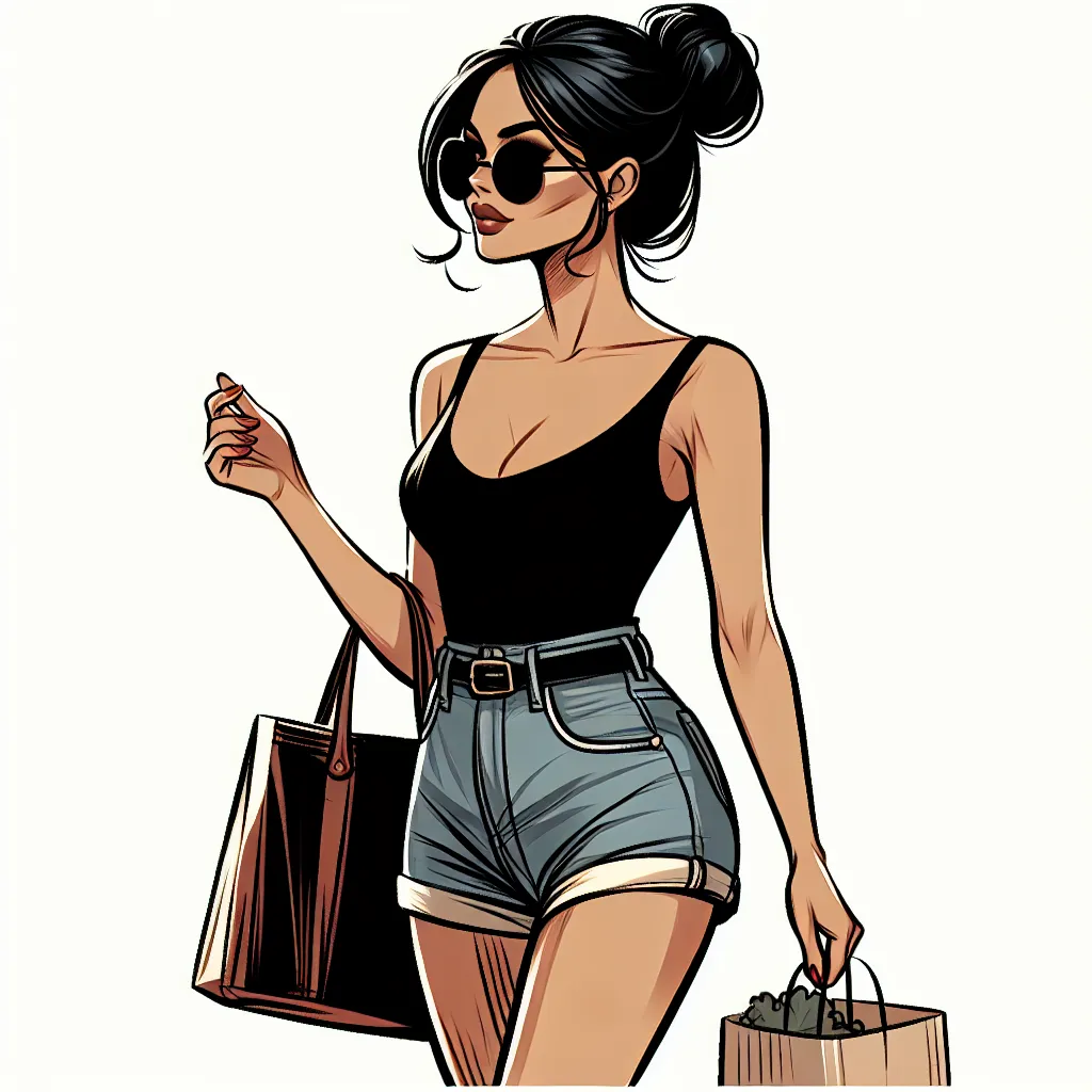 An image of Isabella, a middle-aged woman with black hair in a bun, wearing a tank top and denim shorts. She is holding a purse and wearing oversized sunglasses. Isabella is walking confidently in feminine Mexican flip flops and carrying bags of groceries.