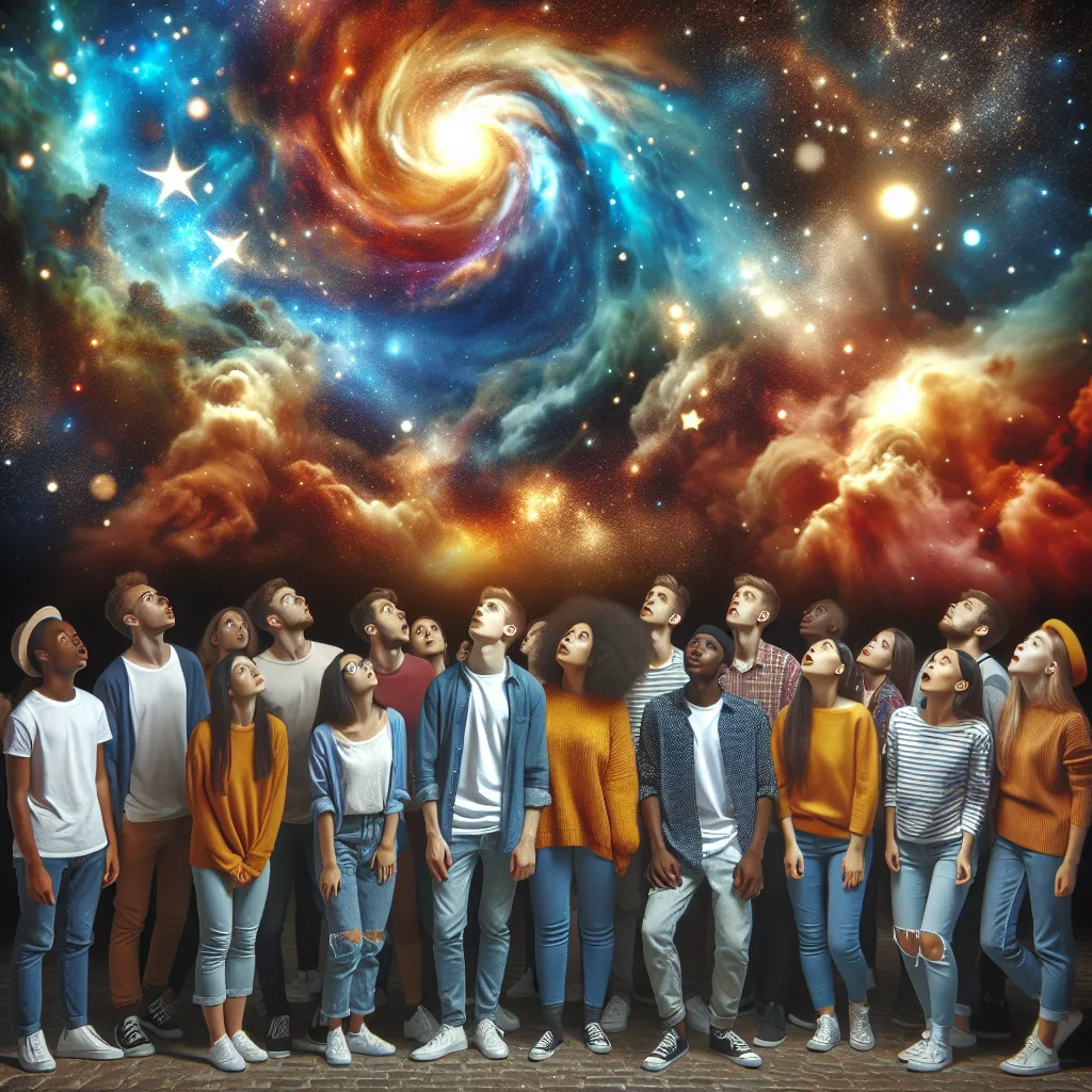 A group of young people huddled together, each with a different expression of surprise and awe on their faces as they gaze up at a night sky filled with vibrant, swirling colors.