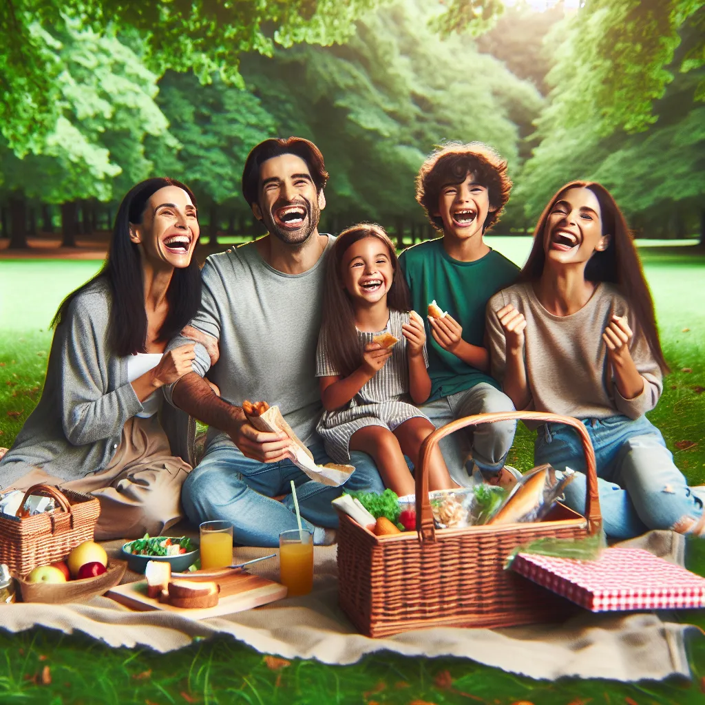 A happy family of four enjoying a picnic in a scenic park, surrounded by greenery, with a blanket spread out on the grass and a picnic basket filled with delicious food.