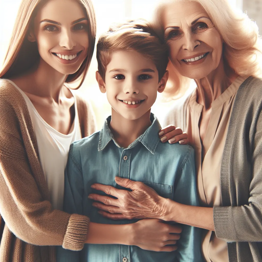 An image of a young boy, Tommy, standing with his mother, Jennifer, and his grandmother, Margaret. They are embracing each other and smiling, symbolizing the strong bond they formed after a traumatic event in which Tommy and Jennifer swapped bodies with Linda, a family friend. The image captures their resilience, love, and the sense of peace they have found together.
