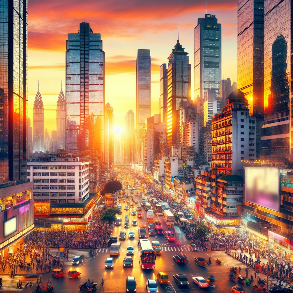 A vibrant cityscape at sunset, with towering skyscrapers reflecting the warm hues of the setting sun, bustling streets filled with people and vehicles, and lively energy permeating the urban landscape.