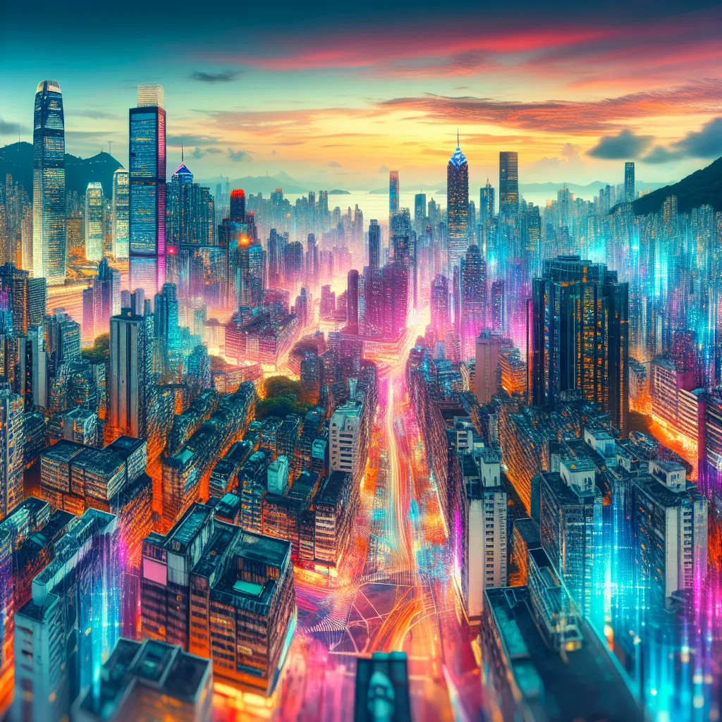 A surreal and vibrant cityscape at dusk, filled with towering skyscrapers, bustling streets, and colorful lights.