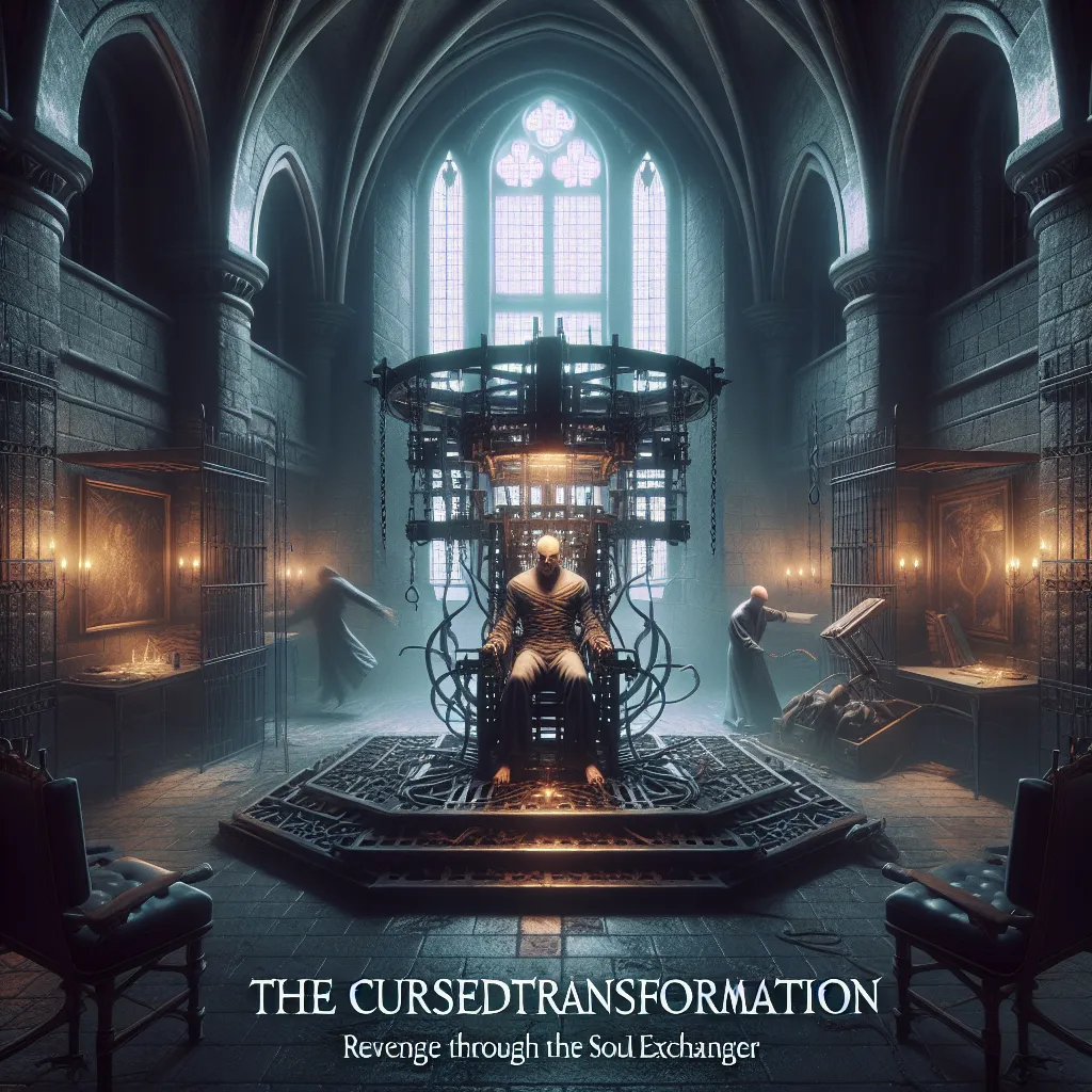 Description: The image features a dimly lit chamber in an ancient castle. In the center of the room stands the ominous Soul Exchanger, a grotesque device of restraints and medical chairs. Trevor Maloney, filled with hatred and revenge, is seen bound to one of the chairs, while Miyafuji Yoshika, his previous rival, struggles against her restraints. The atmosphere is eerie and filled with tension, capturing the horror genre of the story "The Cursed Transformation: Revenge Through The Soul Exchange