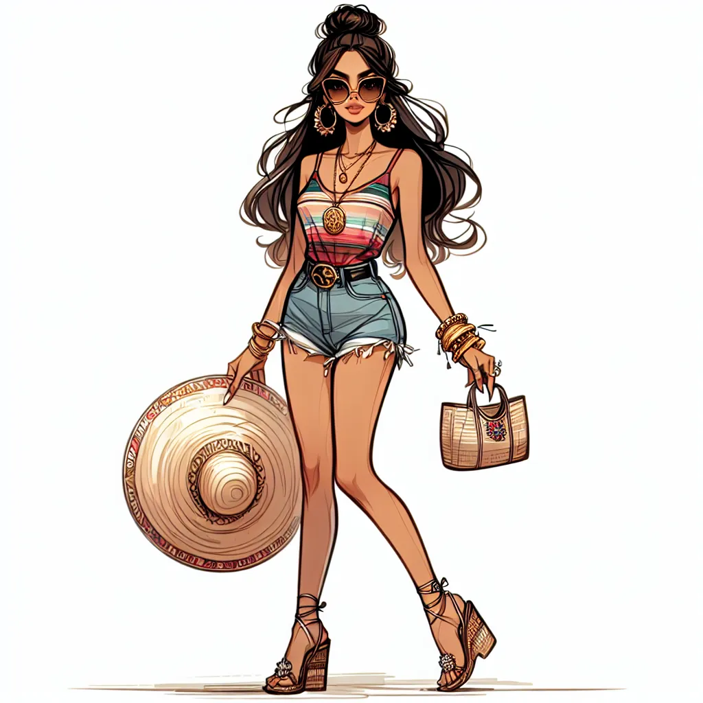 A woman wearing a colorful tank top and denim shorts stands confidently, wearing feminine Mexican-style sandals. She has long, dark hair styled in a bun and is accessorized with oversized sunglasses, hoop earrings, a wedding ring, a gold bracelet, a necklace with a pendant, and a silver anklet.