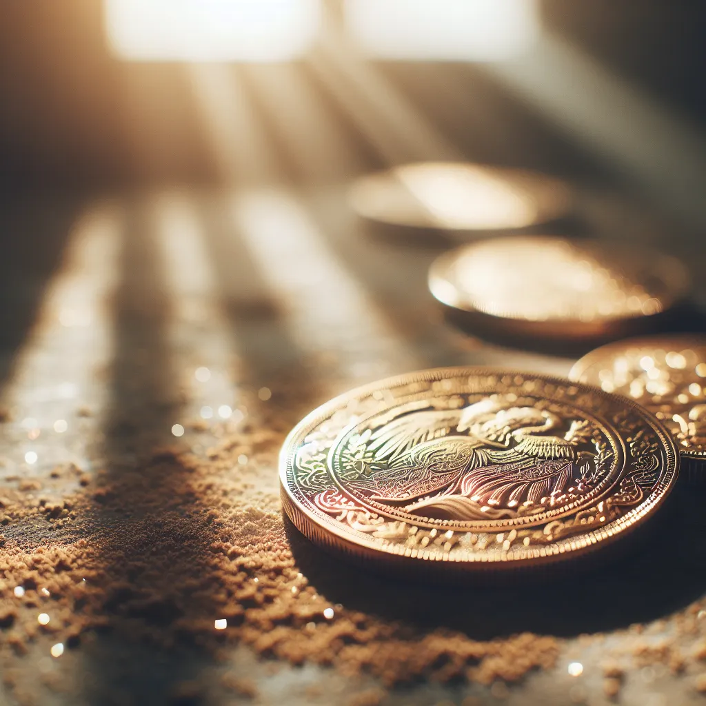 A close-up image of a gold coin with intricate engravings, lying on a dusty surface with soft sunlight streaming through a nearby window.