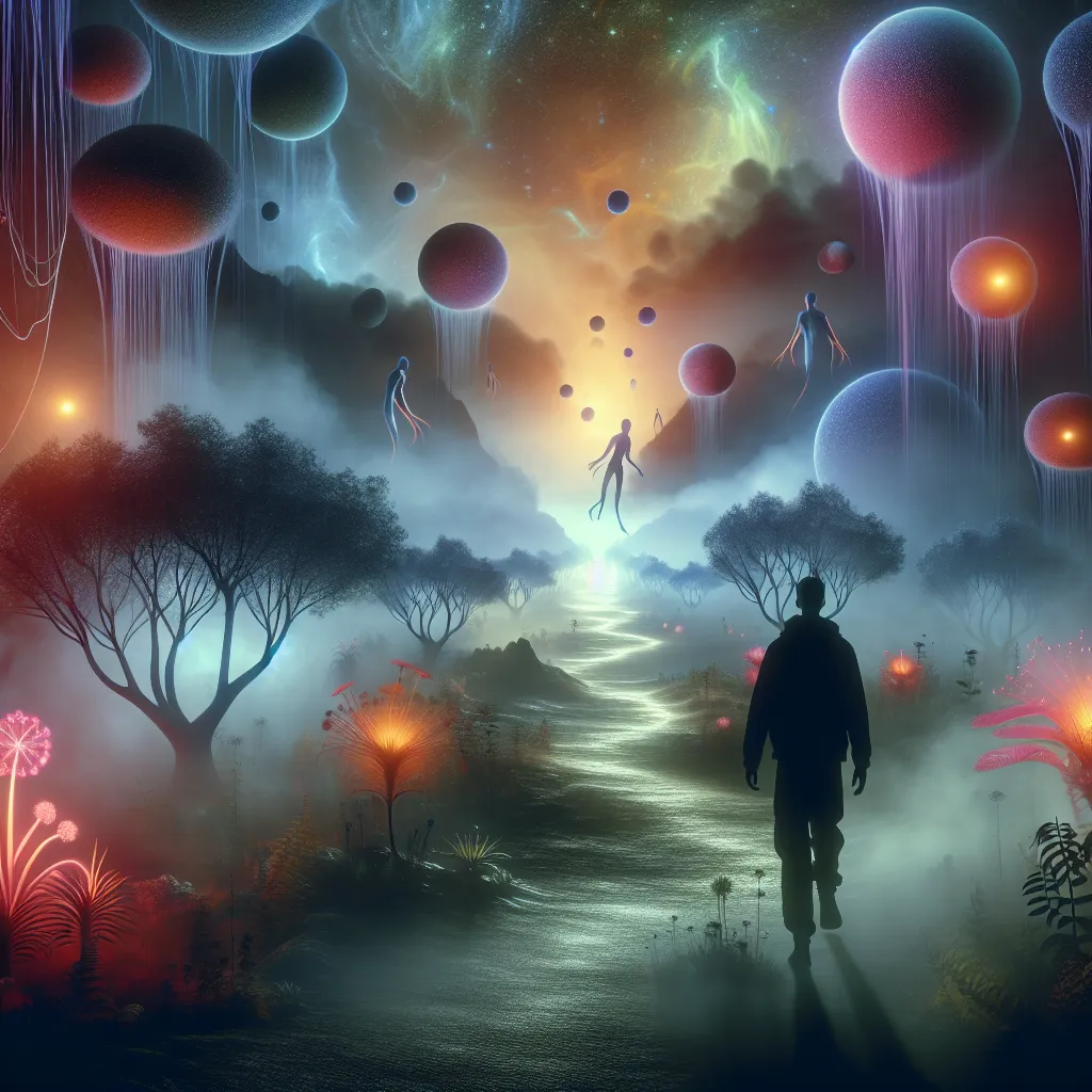 Title: The Surreal Journey

Description: A mysterious figure traverses an otherworldly landscape, shrouded in mist, revealing a path filled with floating trees, vibrant plants, and glowing orbs, while ethereal creatures hover above. A sense of wonder and uncertainty pervades the surreal scene, drawing viewers into a captivating narrative.