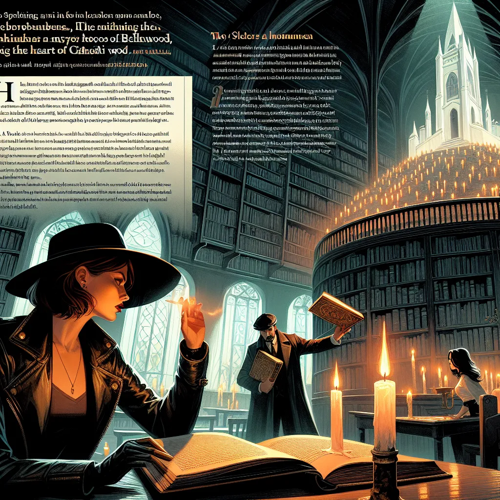 A mysterious woman in a leather jacket meets with a professor in a library, discussing urban legends and a vanished sister. The scene shifts to a whitewashed chapel atop Temple Hill as the woman seeks answers, candles flickering in the shadows. Returning to her bustling club, she faces a man with an old book who claims to be Bellmire, setting the stage for an unfolding mystery in Cinenwood.