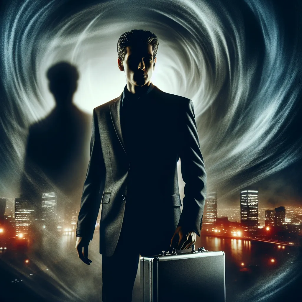 Image description: A mysterious silhouette stands in the foreground, surrounded by swirling shadows. The figure wears a dark suit and holds a silver briefcase. In the background, a dimly lit city skyline adds to the atmosphere of suspense and intrigue.