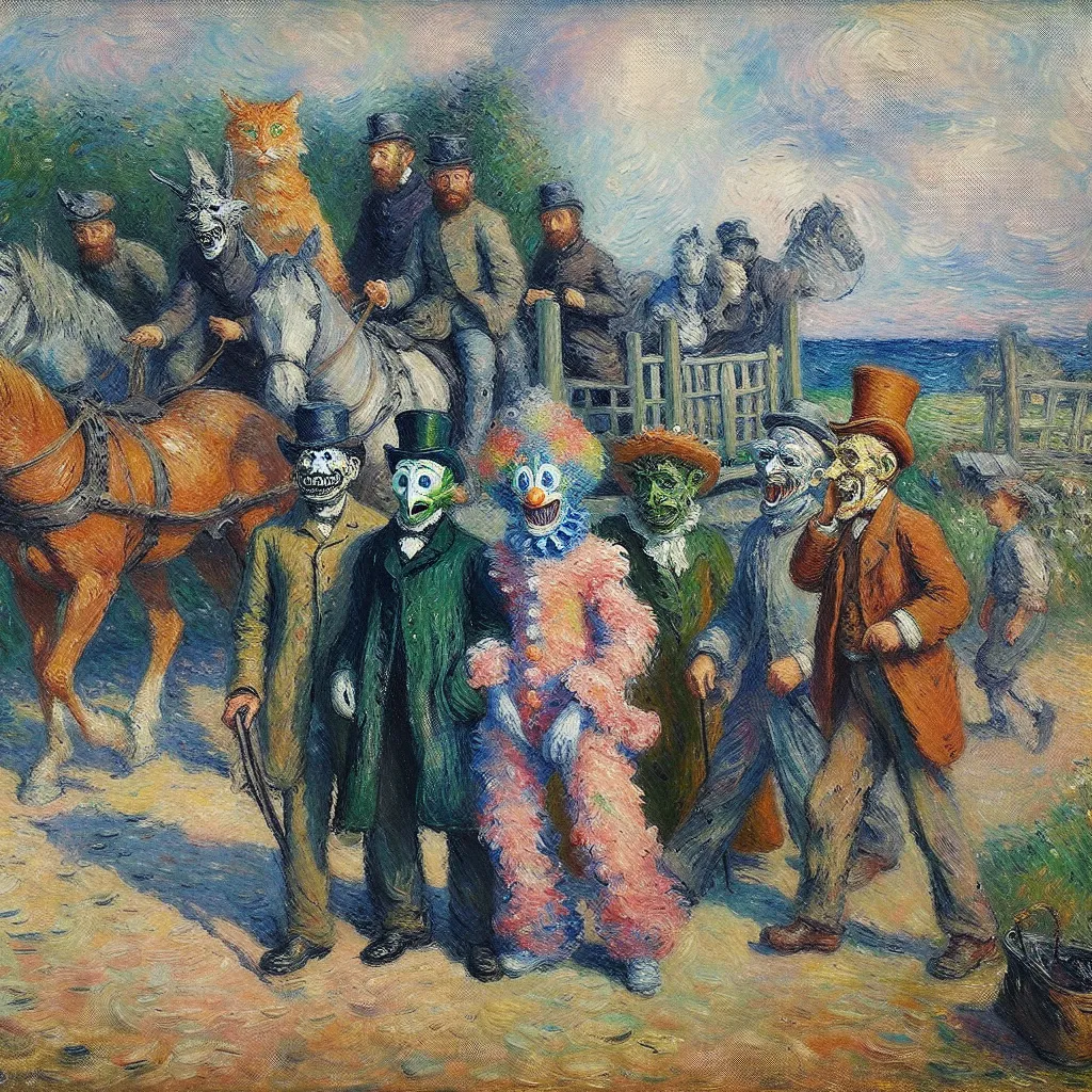 Bizarre, Transformation, Comedy, Friendship, Adventure in the style of Monet