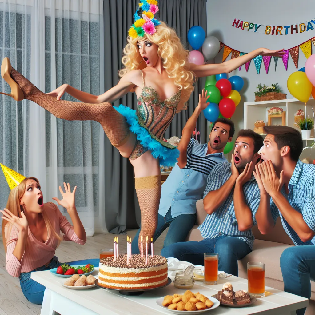 The image accompanying this story should depict a group of friends at a bachelor party, surrounded by booze and with a strip club in the background. One of the friends, who was challenged to a private dance with a voluptuous blonde, undergoes a sudden body swap during the dance. The image should capture the shock and confusion on their faces, emphasizing the humor of the situation.