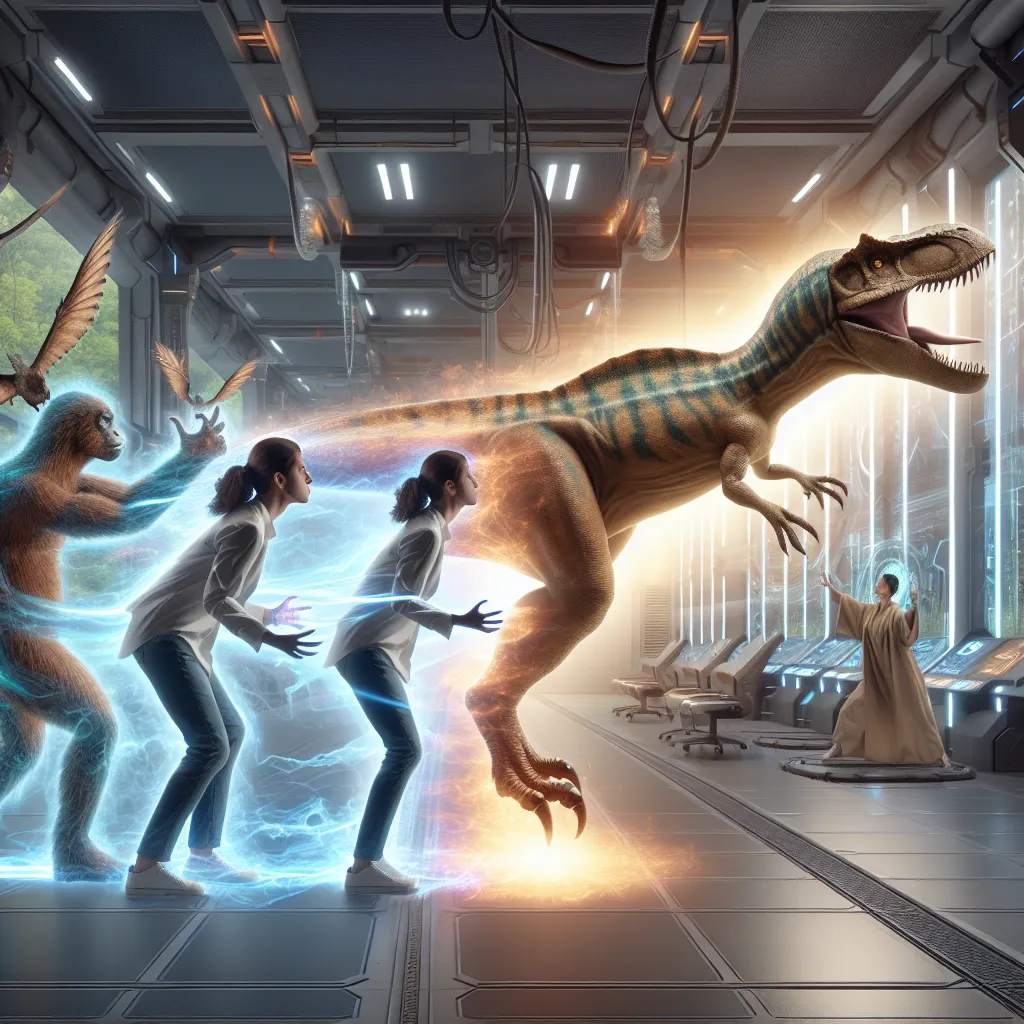 A person transforms into a Spinosaurus in a futuristic lab setting, breaking free with the help of friends embodying spirit animals.