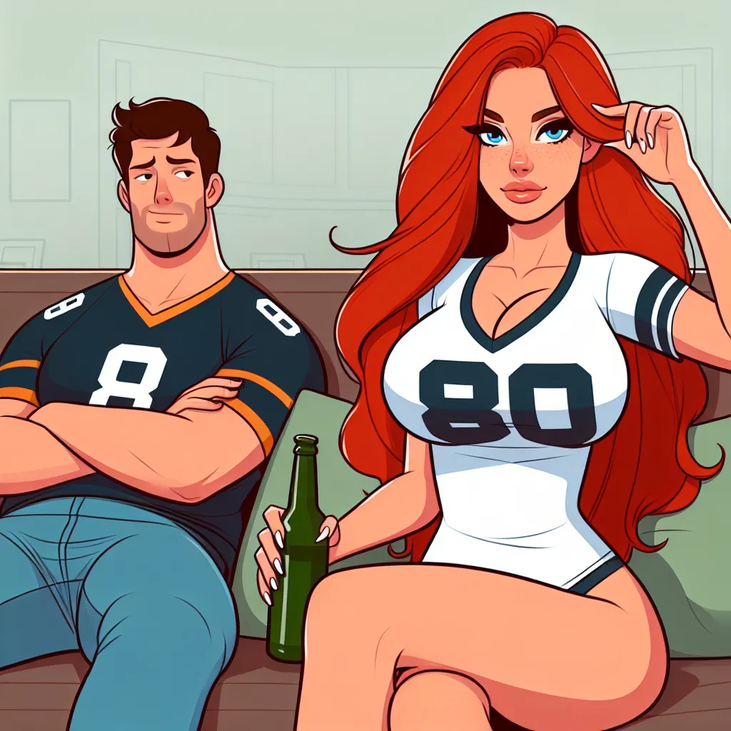 A woman with long red hair and a curvy body sits on a couch next to a man. The woman's body language suggests a sense of masculine confidence as she holds a beer bottle and wears a football jersey.