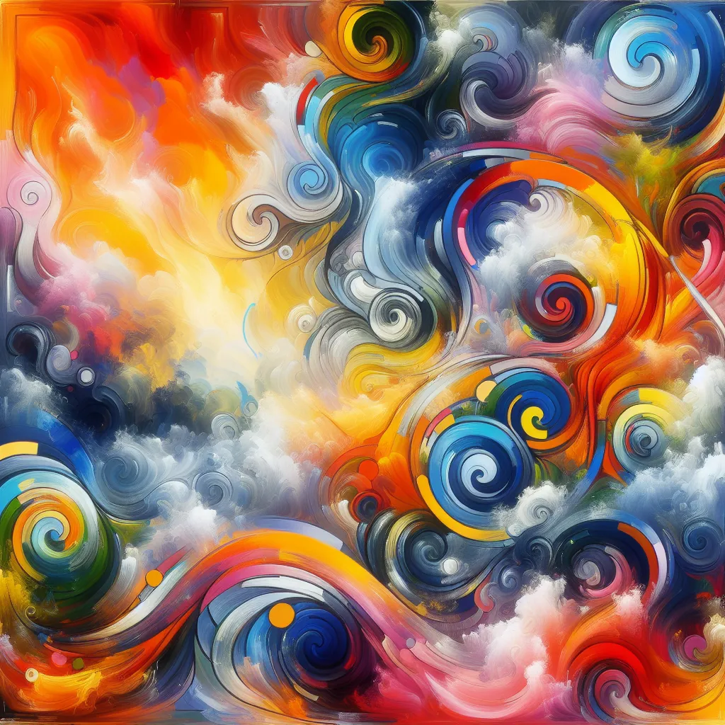 Image description: A bright and colorful abstract painting depicting a vibrant blend of swirling shapes and bold brushstrokes.