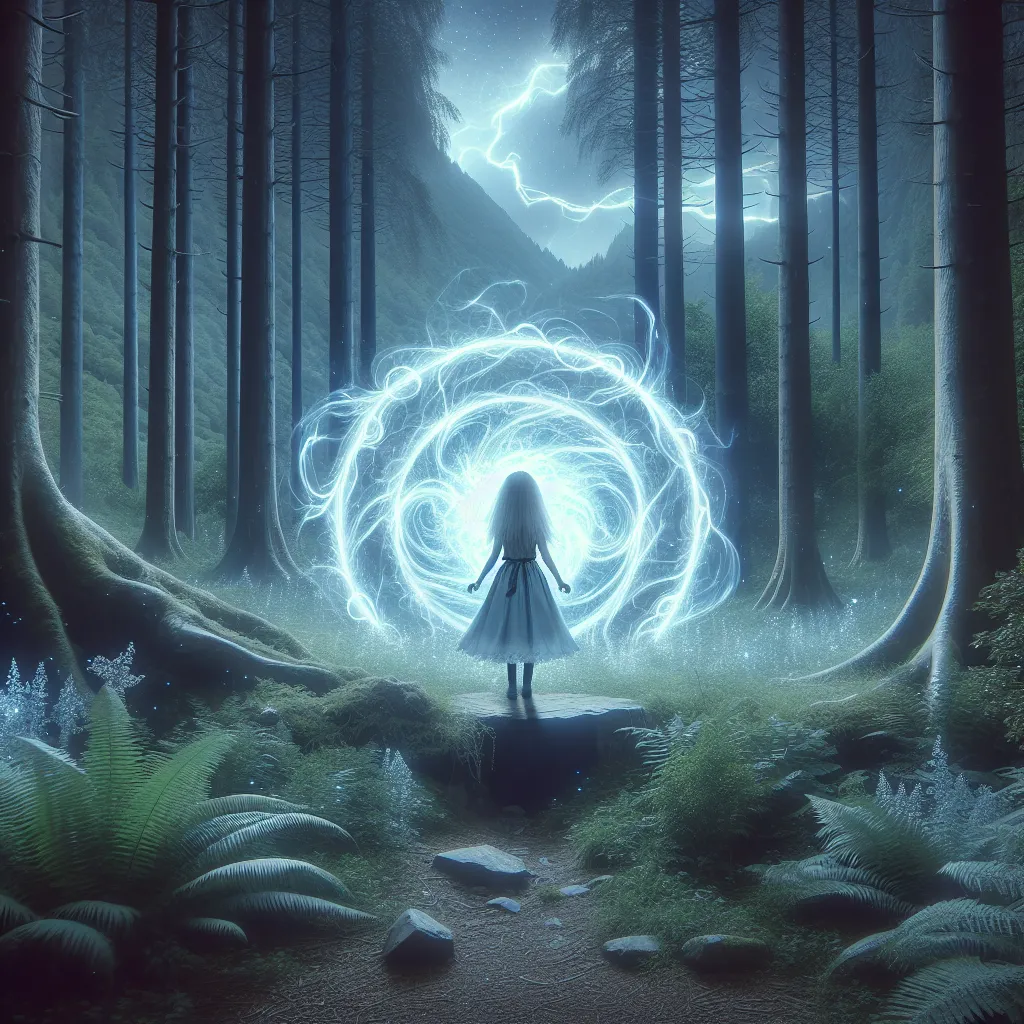 The image will depict a young enchantress named Elara standing at the center of a small, ethereal clearing. Behind her, a swirling portal crackles with electric energy, illuminating the surrounding ancient forest. Moonlight filters through the dense canopy, casting silvery beams across the scene.