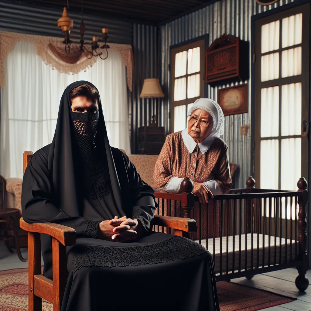 A man dressed in a baby onesie sits in a high chair with a pacifier in his mouth, while an older woman looks on sternly. Behind them, the room is transformed into a nursery with a crib and other baby paraphernalia.