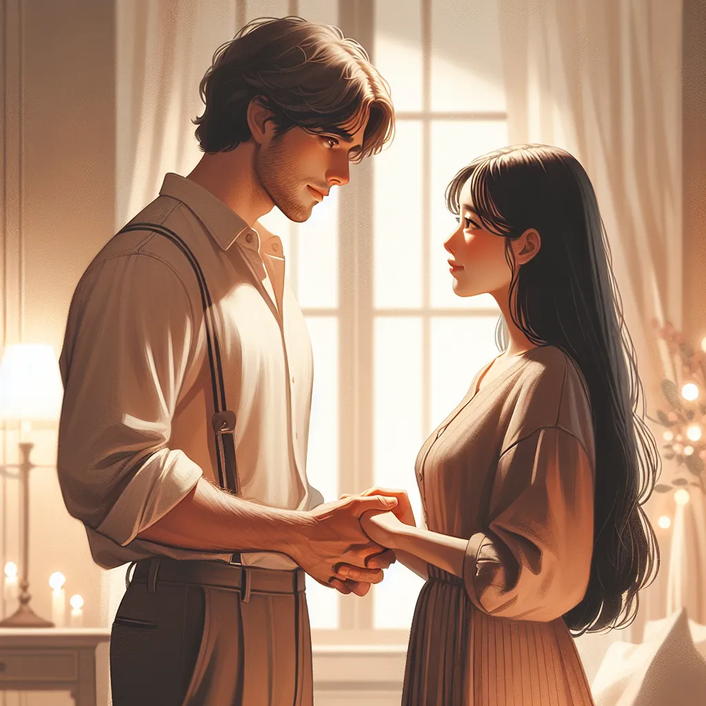 A sensual and romantic moment unfolds as a couple shares intimate gestures and emotions, captured in warm, soft lighting with a focus on closeness and tenderness.