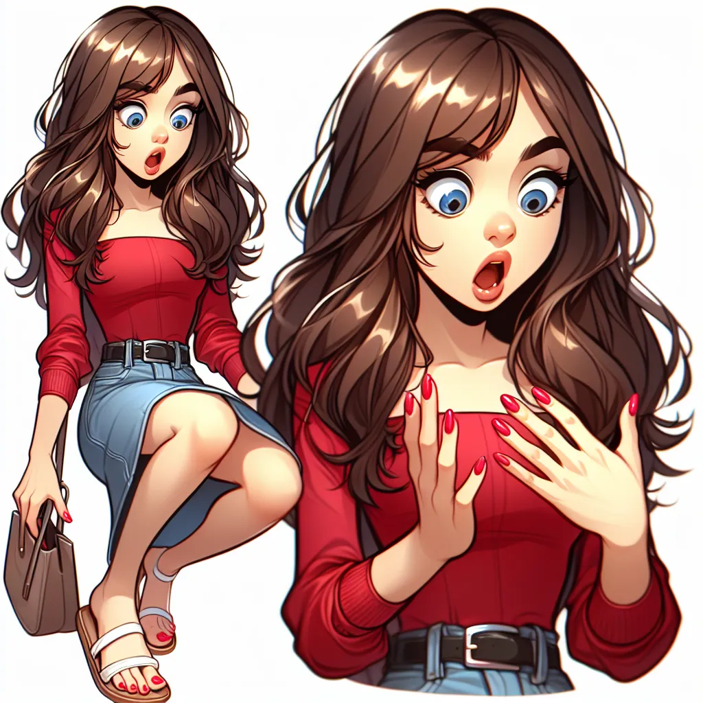 The image accompanying this story would be of a young girl with long, brunette hair and a bewildered expression on her face. She would be wearing a cropped red tank top, a denim mini skirt, and white strappy sandals, and looking down at her newly painted toenails.