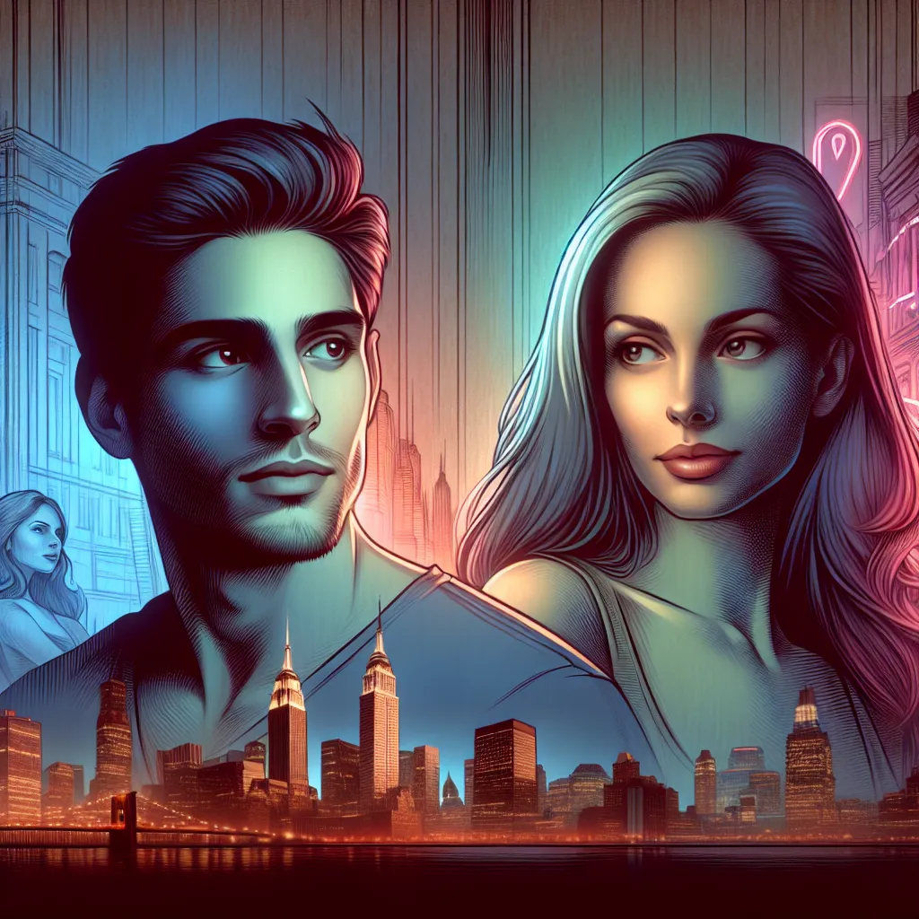 Description: An image of a man and a woman facing each other, representing the protagonist Jamison and Valeria from the story "Enchanted Desire". The man is shown with a look of fascination and longing, while the woman has an alluring and confident expression. The background depicts the bustling city of Miami at night, with neon lights illuminating the skyline in vibrant hues.