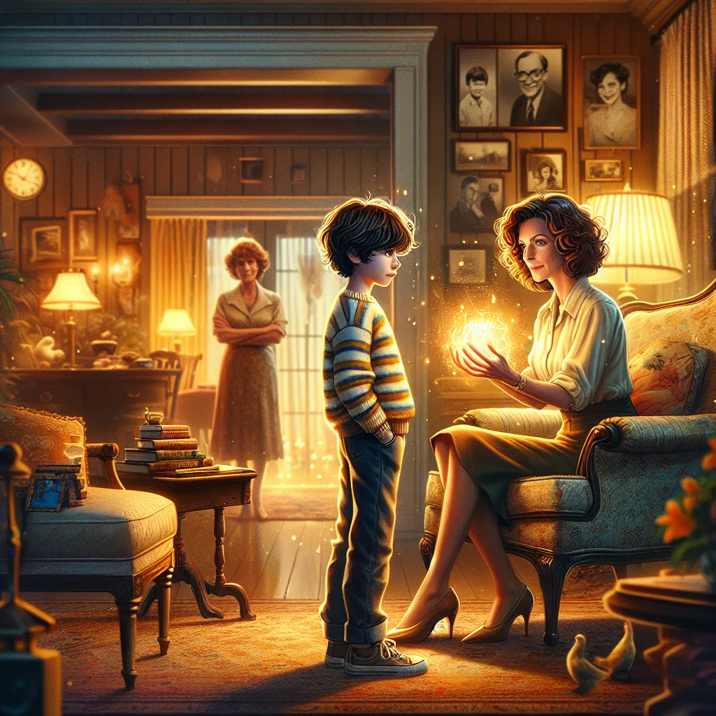 A young boy named Oliver discovers a mysterious transformation during a visit to his Aunt Christine's house, leading to a magical evening where identities are swapped and perspectives shifted. The story unfolds with elegance, love, and the beauty of family bonds, culminating in a blend of past and present experiences.